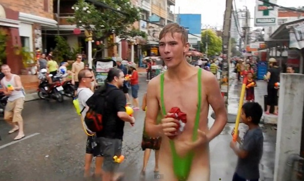 wearing a mankini in Thailand songkran water fight